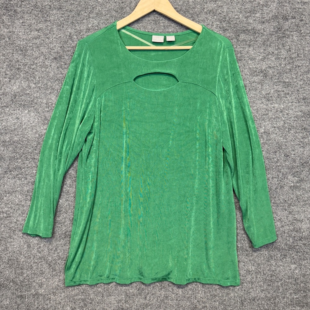 Chico's Size 2 US 12 Tunic Top Green Acetate Stretch Liquid Knit  Long Sleeves